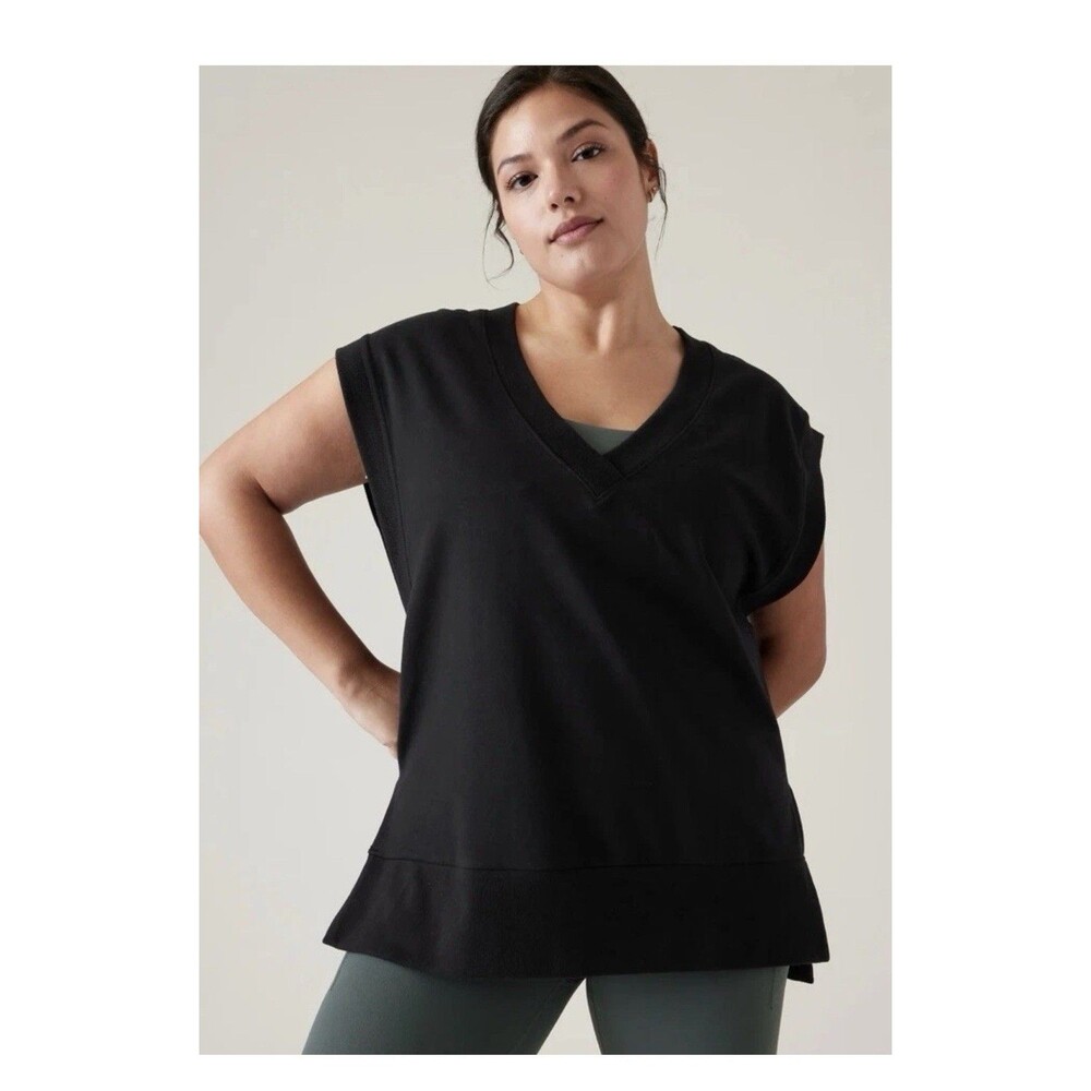 ATHLETA Retroterry V-neck Sweatshirt Top Womens Large Black Sleeveless Pullover